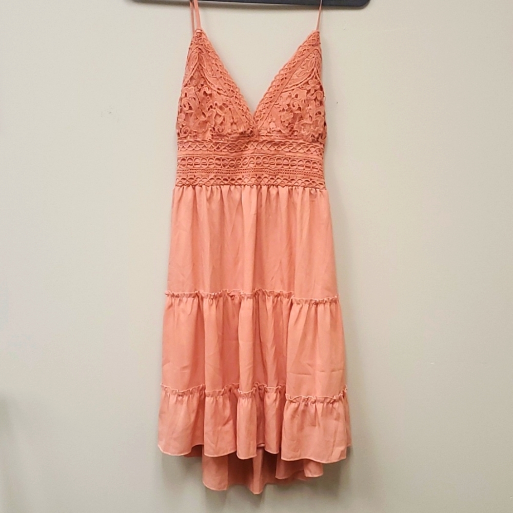 crocheted spaghetti sleeve open back pink summer dress. Size L